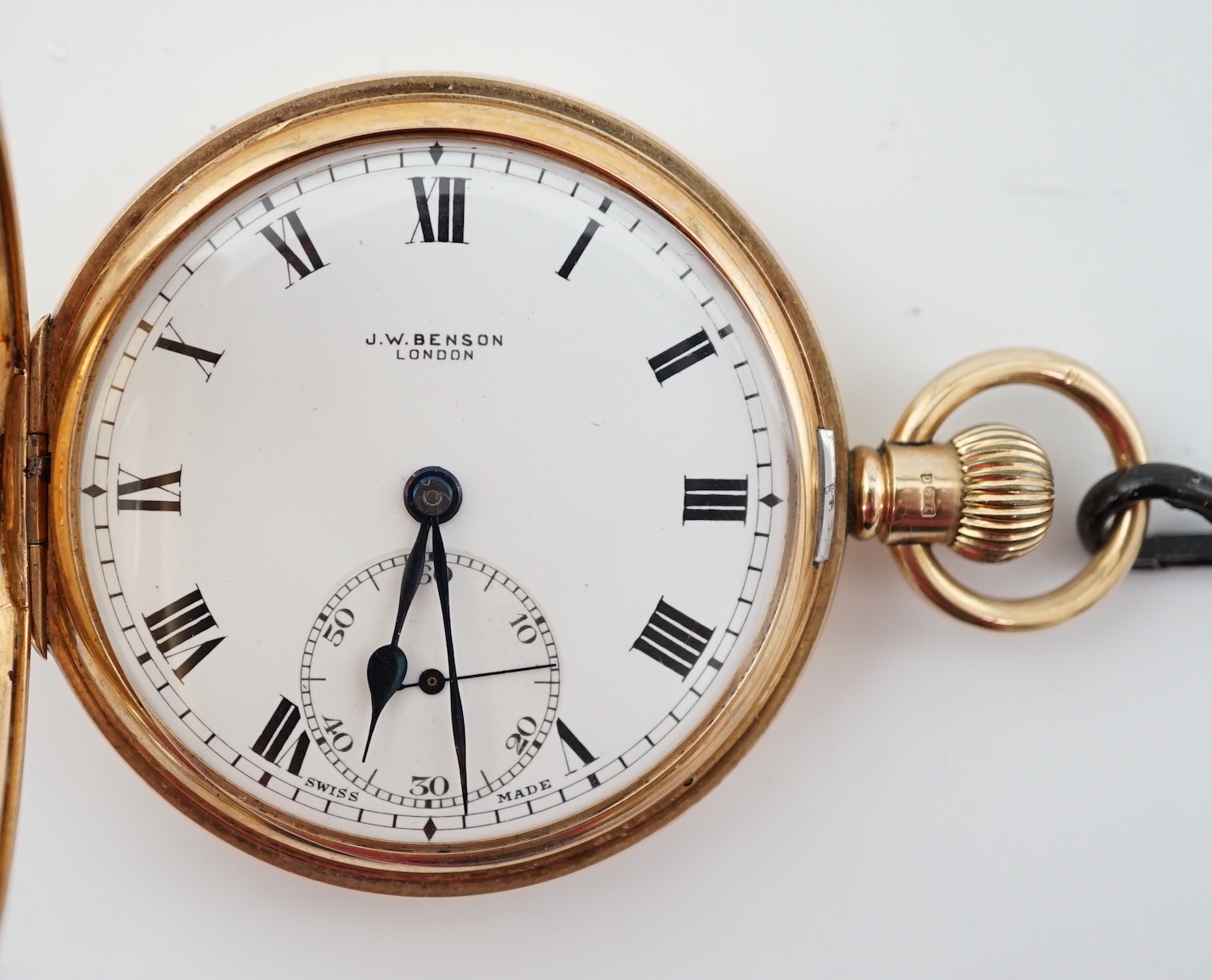 A George V 9ct gold J.W. Benson keyless lever half hunter pocket watch